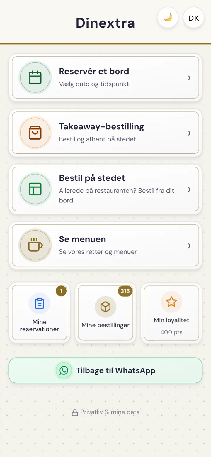 Startskærmen i restaurantens webapp