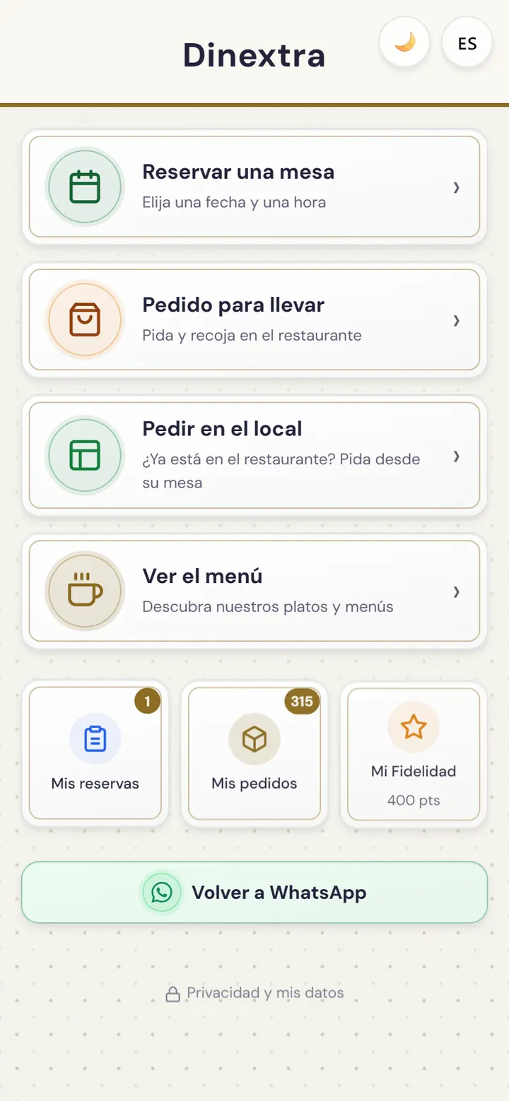 Pantalla de inicio de la webapp del restaurante