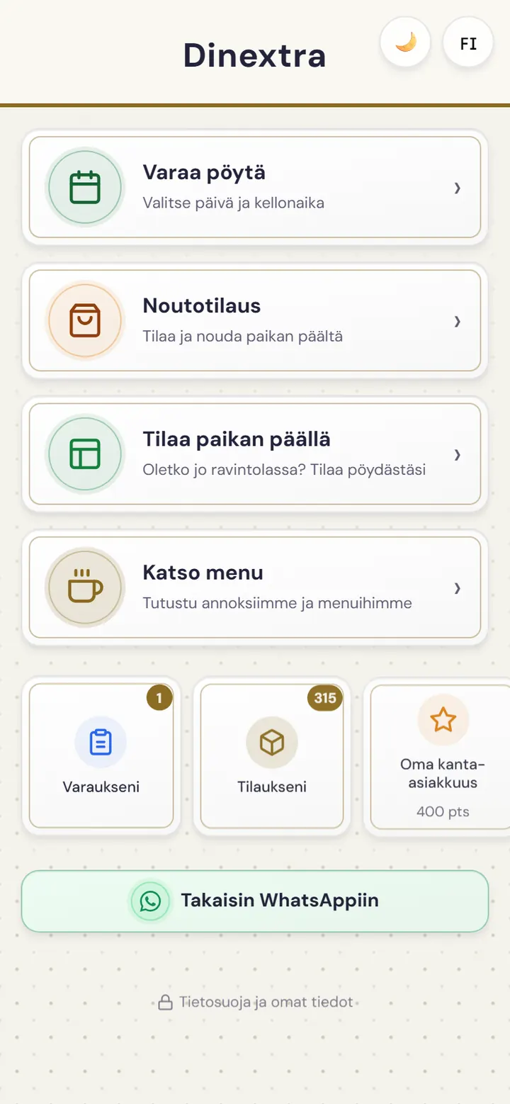 Ravintolan verkkosovelluksen aloitusnäkymä