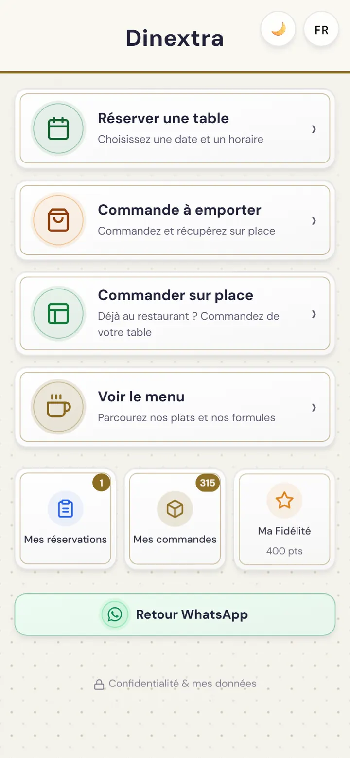 Écran d’accueil de la webapp du restaurant
