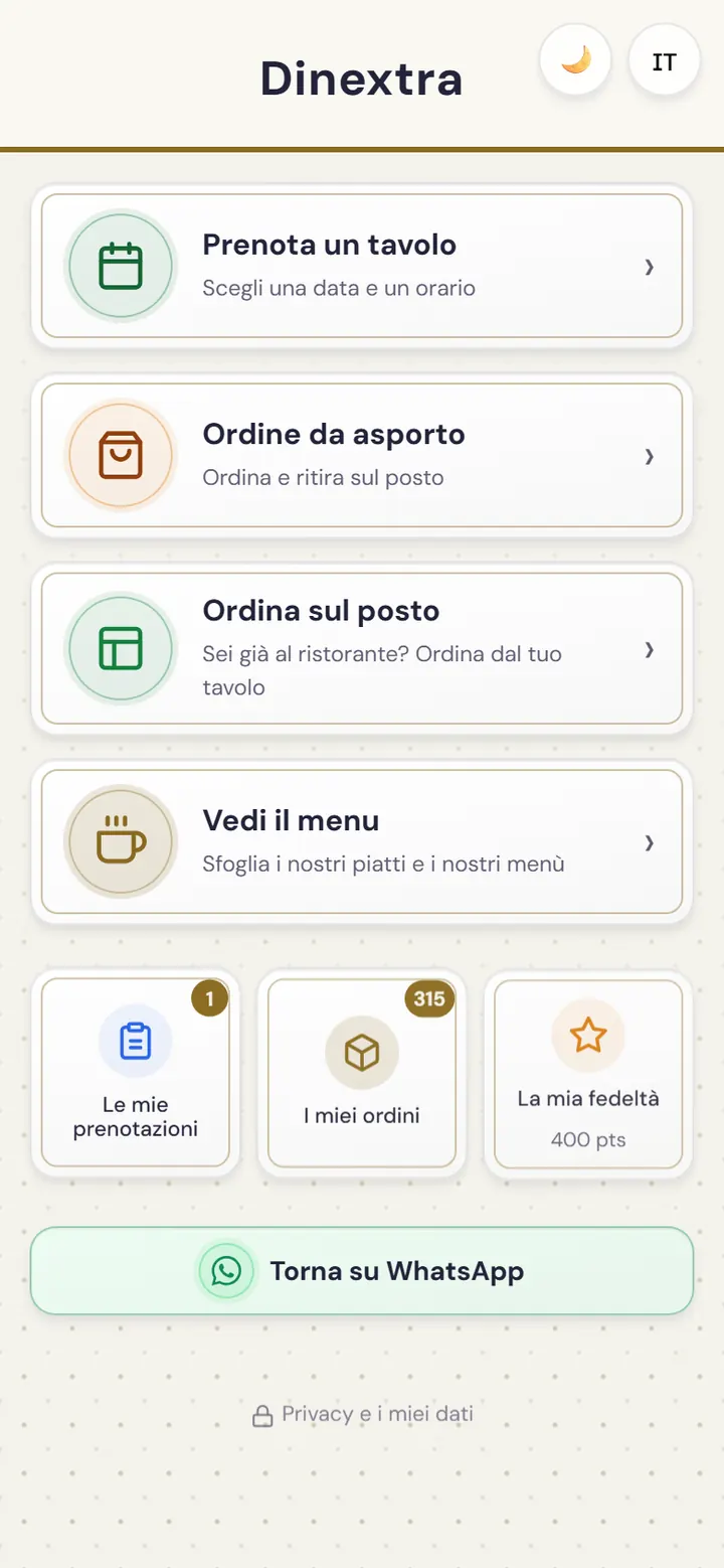 Schermata iniziale della webapp del ristorante