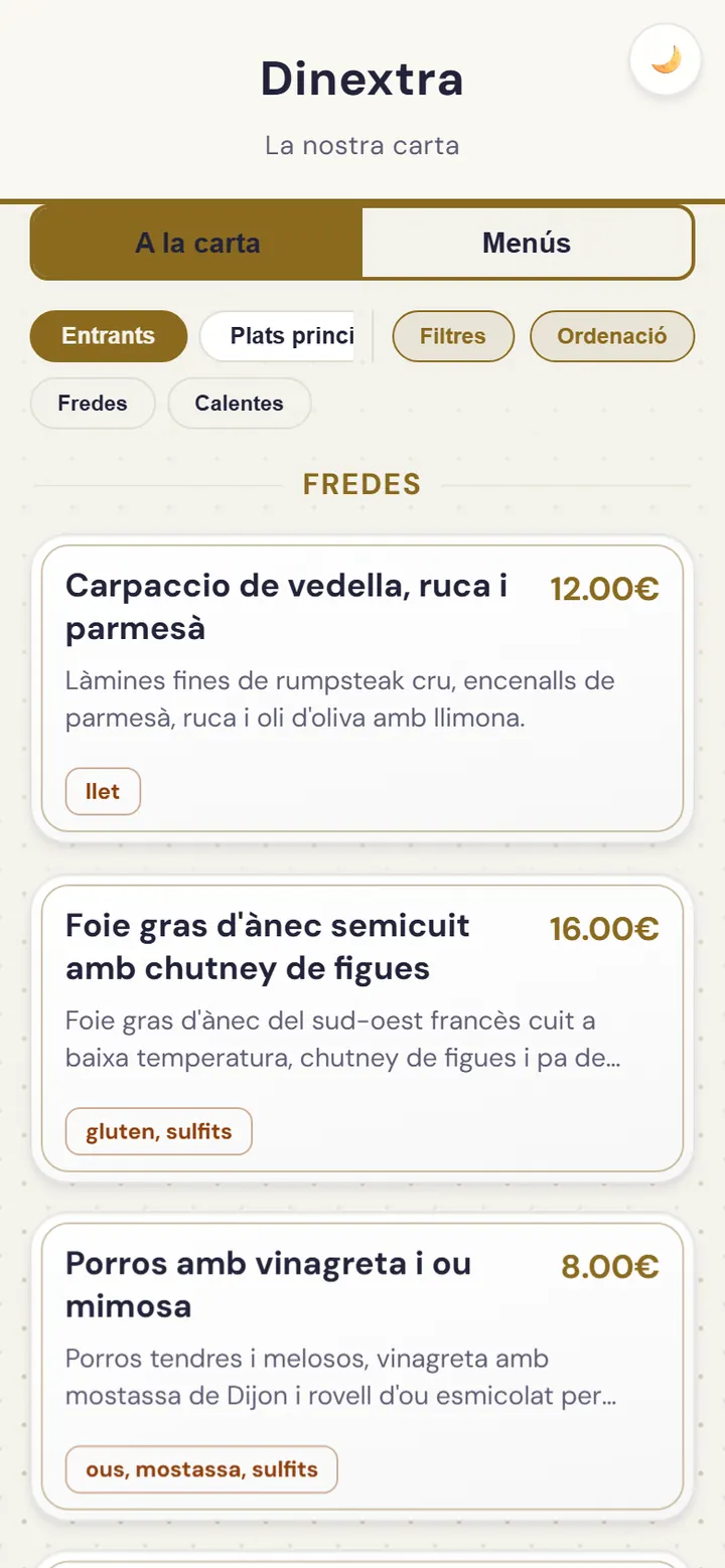 La carta del restaurant a la webapp