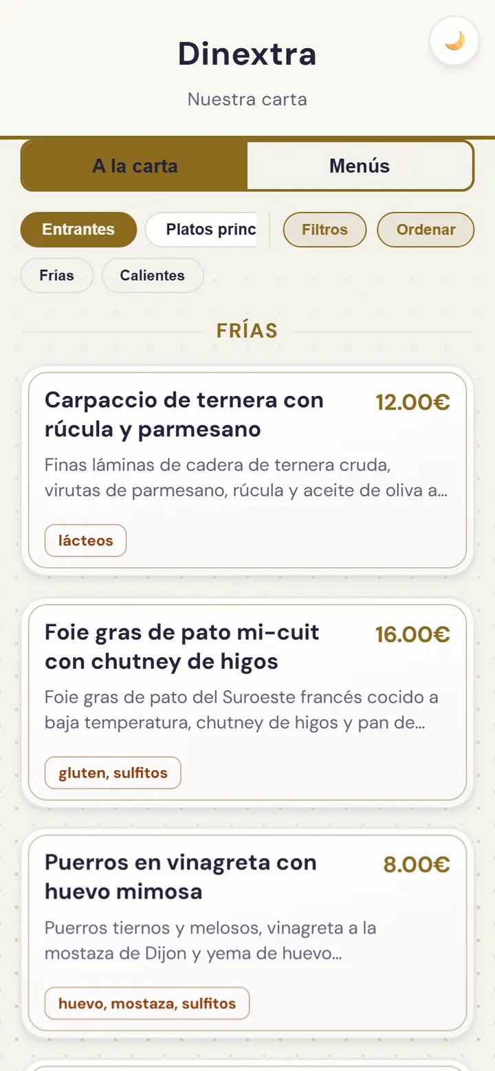 La carte du restaurant dans la webapp