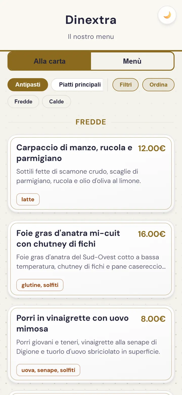 La carte du restaurant dans la webapp