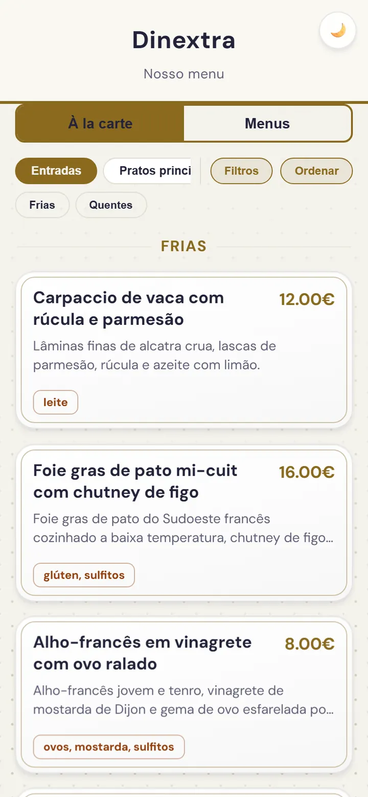 La carte du restaurant dans la webapp