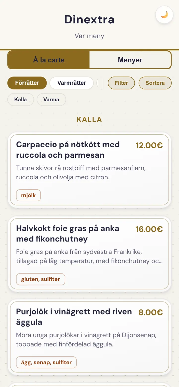 Restaurangens meny i webbappen