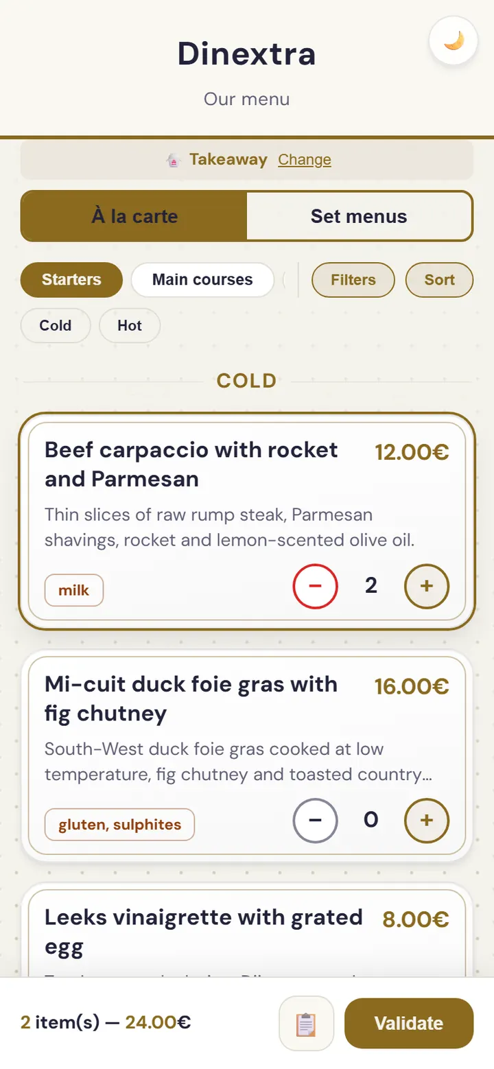 Takeaway ordering screen