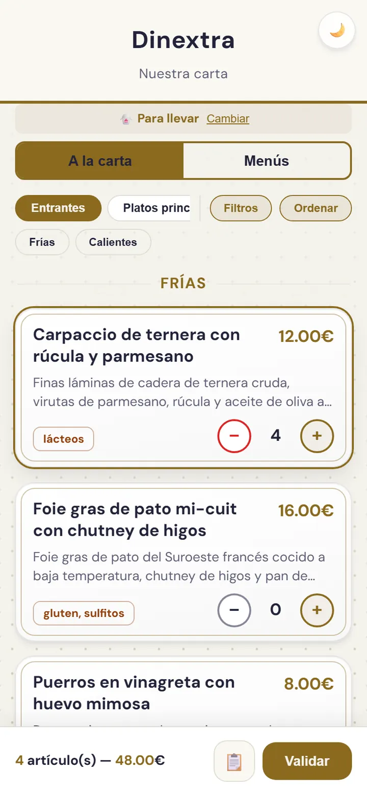 Pantalla de pedido para llevar
