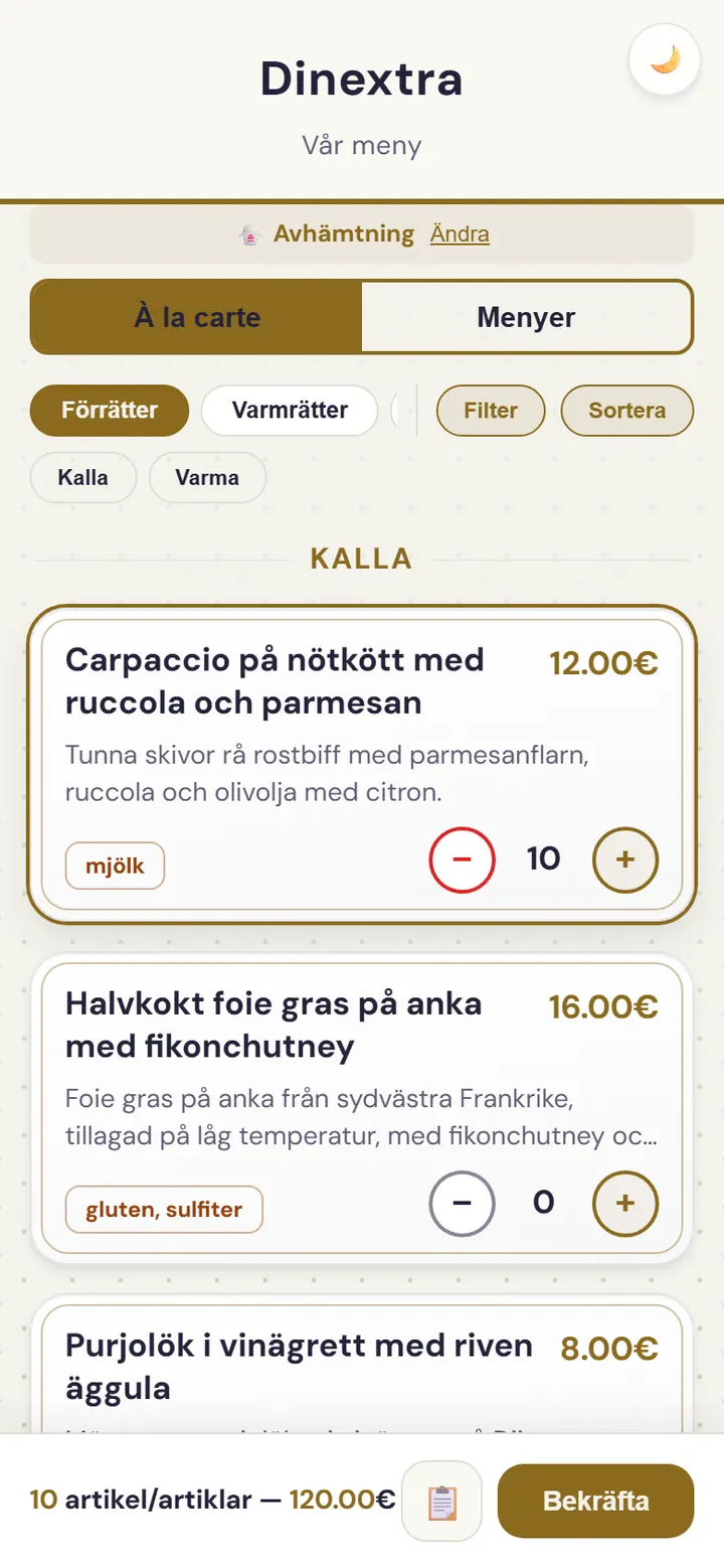 Skärm för avhämtningsbeställning