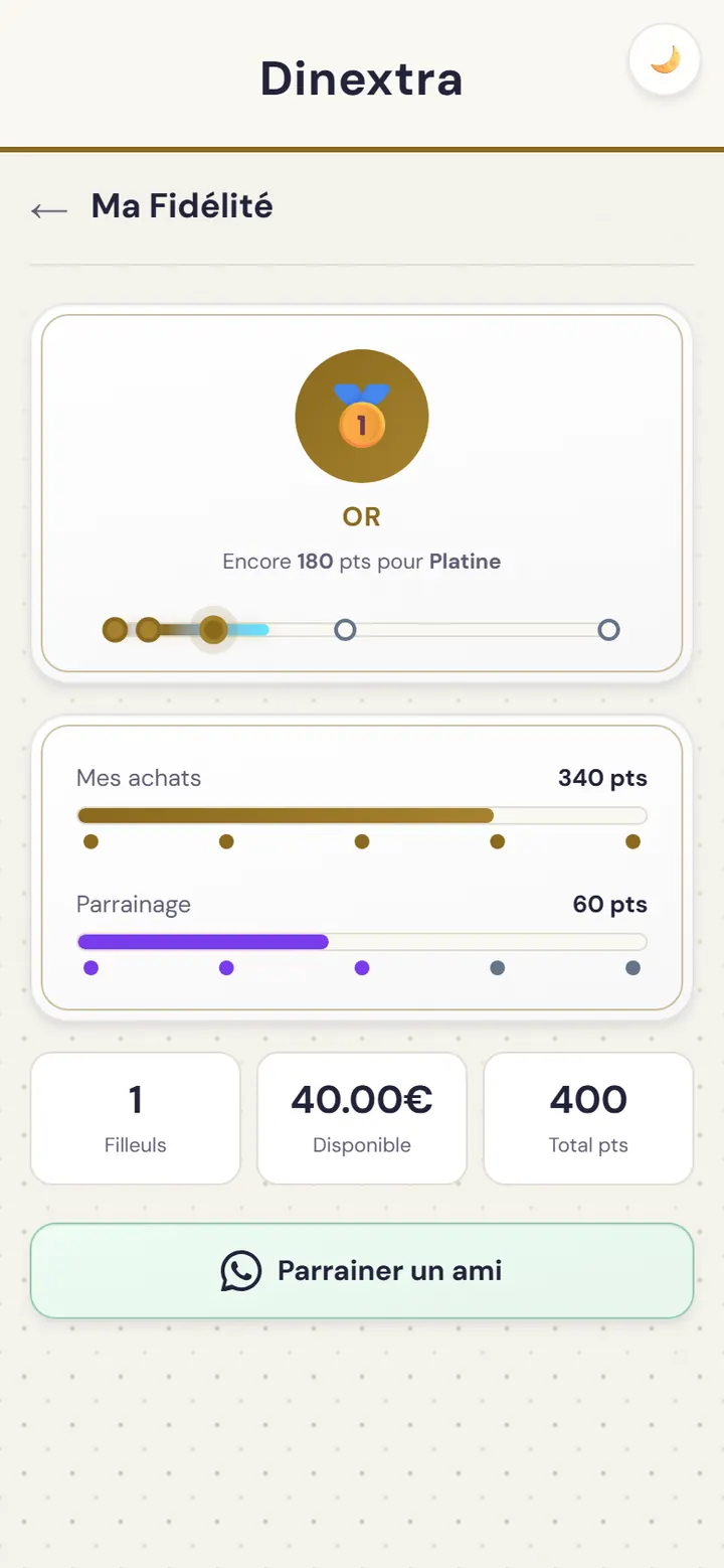 Écran du programme de fidélité