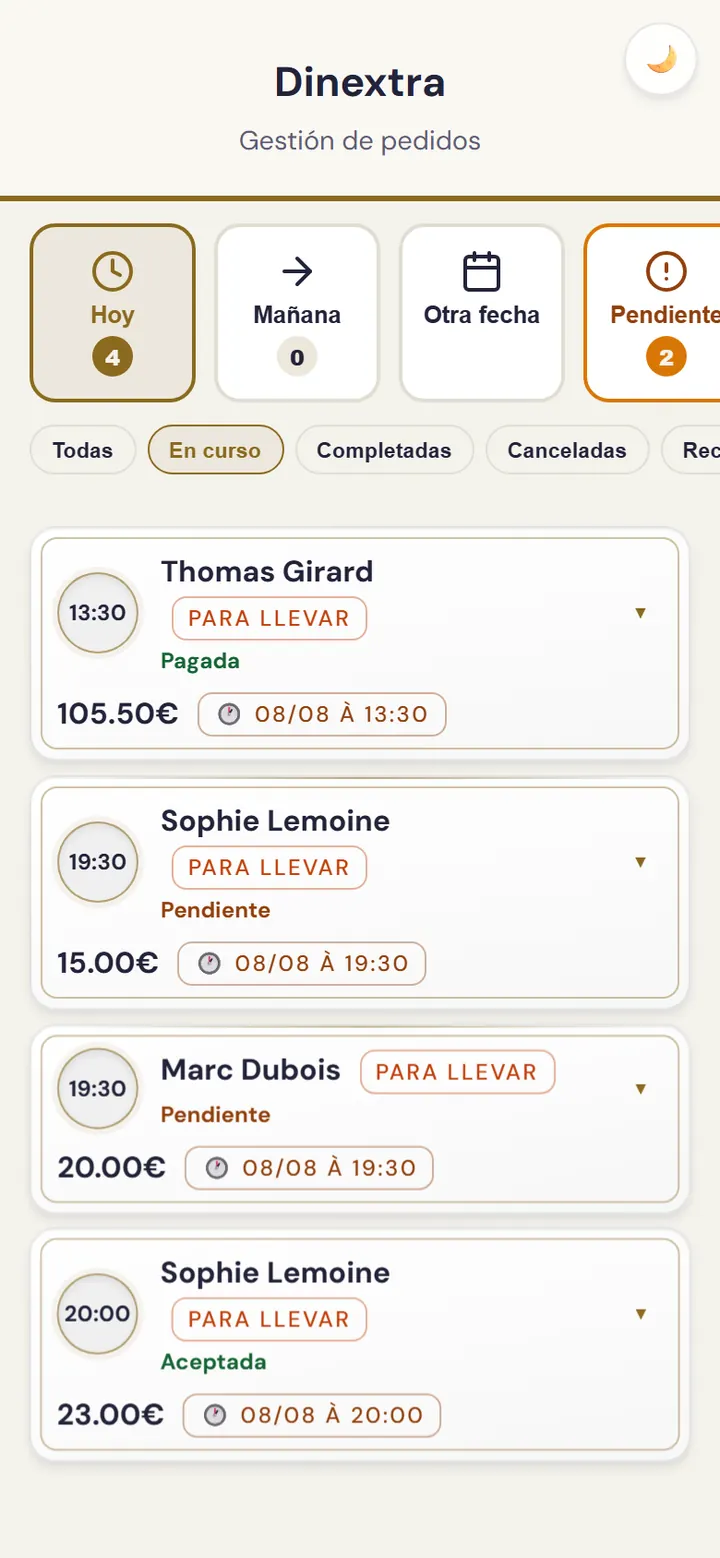 Pantalla de validación de pedidos